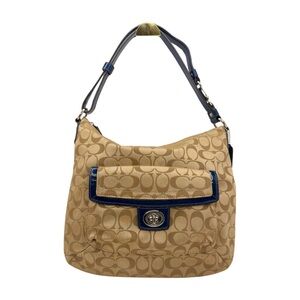 Coach 2012 Signature Jacquard Shoulder Bag Blue Leather Trim Turnlock F12699